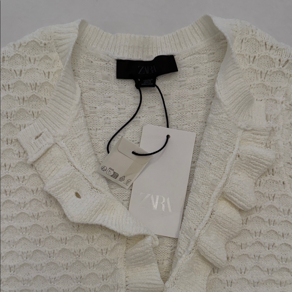 Zara Cream Textured Cardigan with Ruffles - Picture 2 of 3
